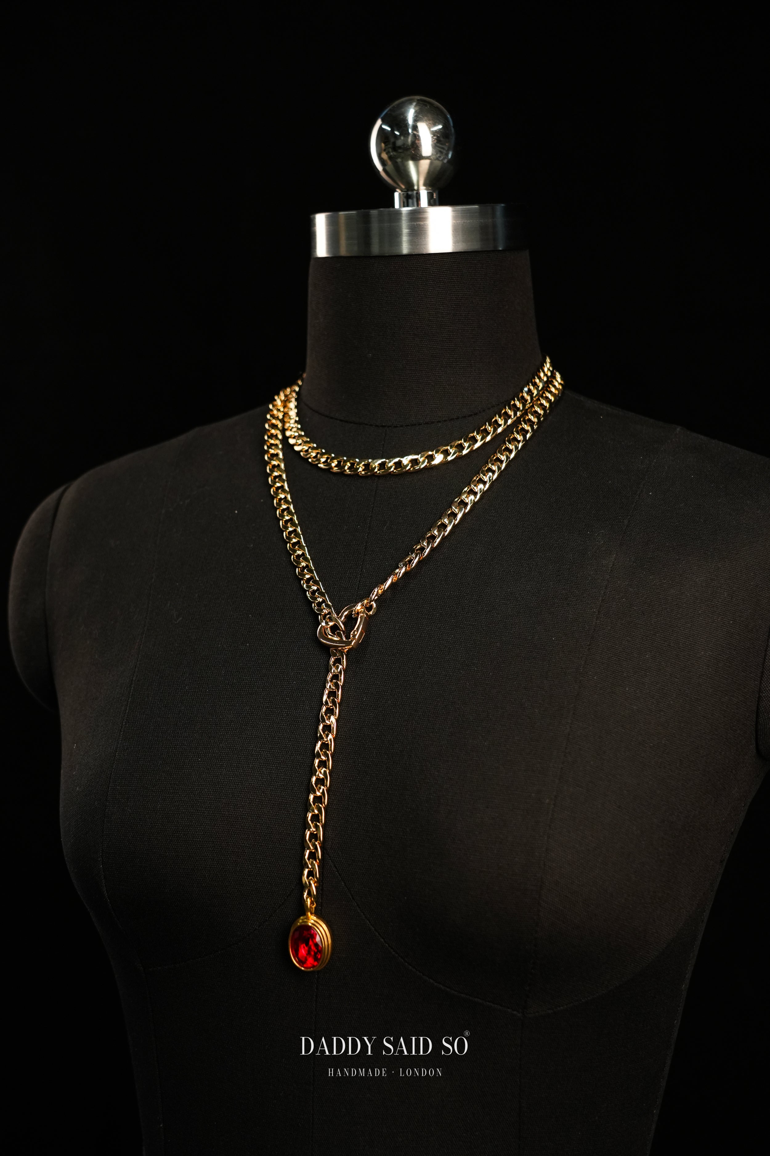Gold Curb Chain Necklace with Red Oval Pendant