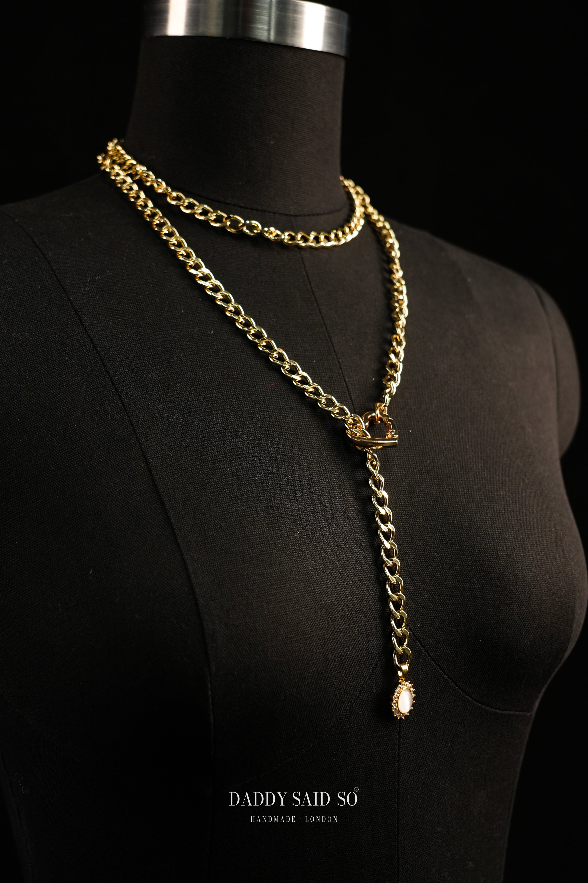 Gold Lariat Chain with White Halo Pendant