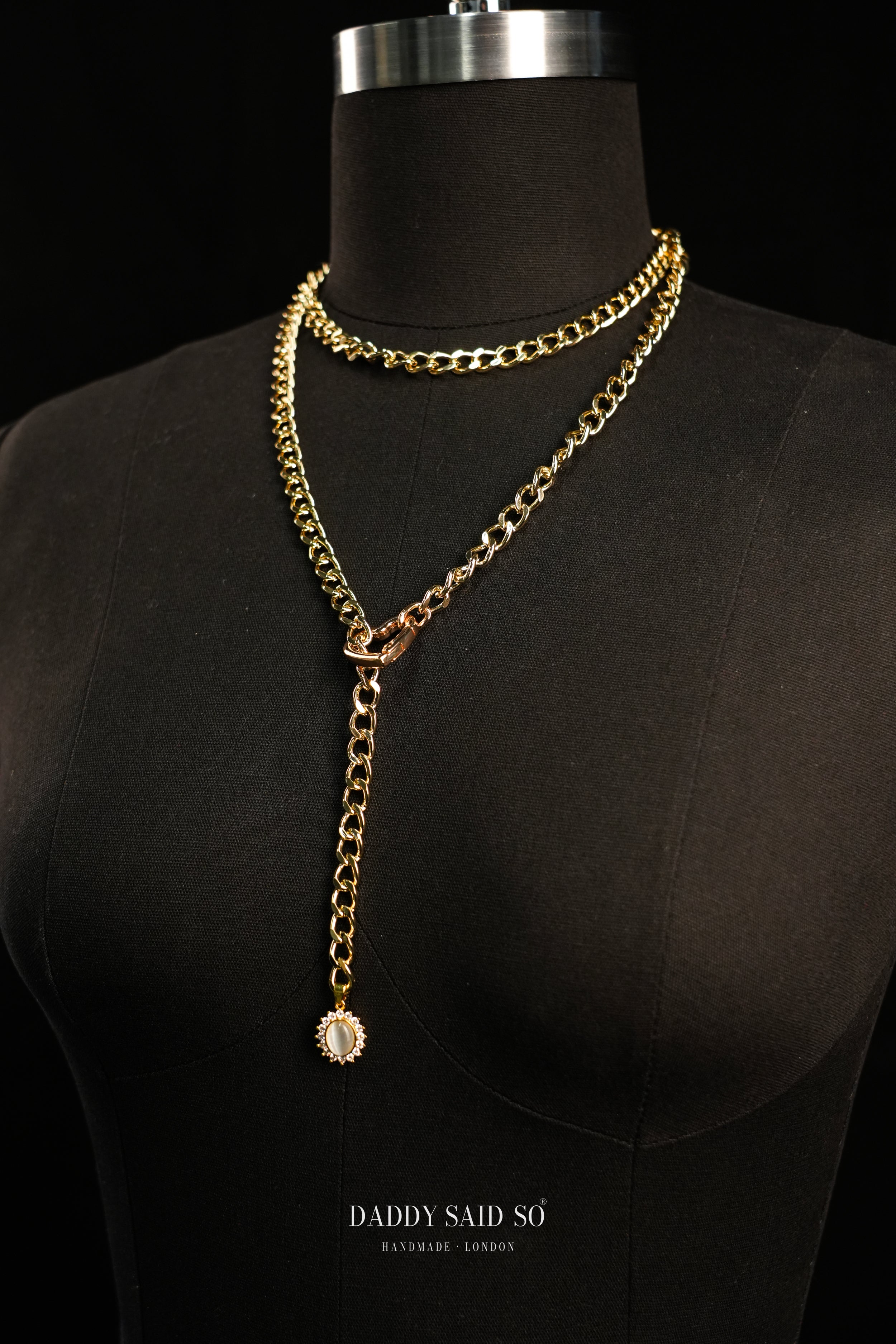 Gold Lariat Chain with White Halo Pendant