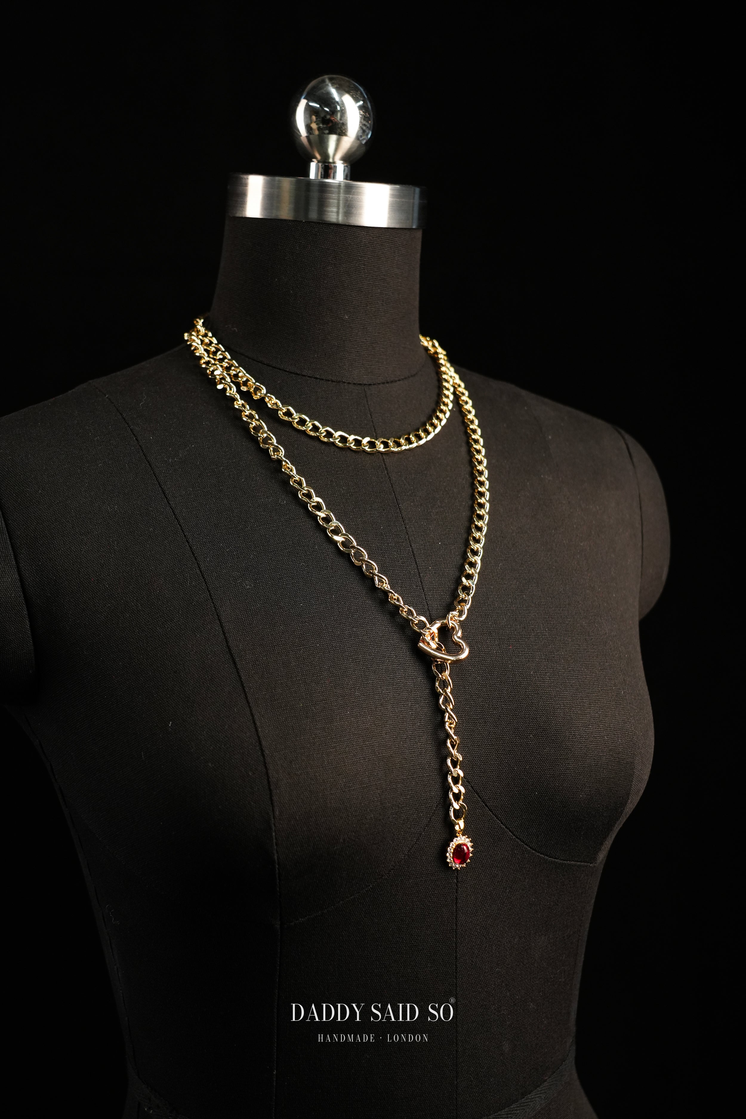 Gold Lariat Chain with Deep Red Halo Pendant