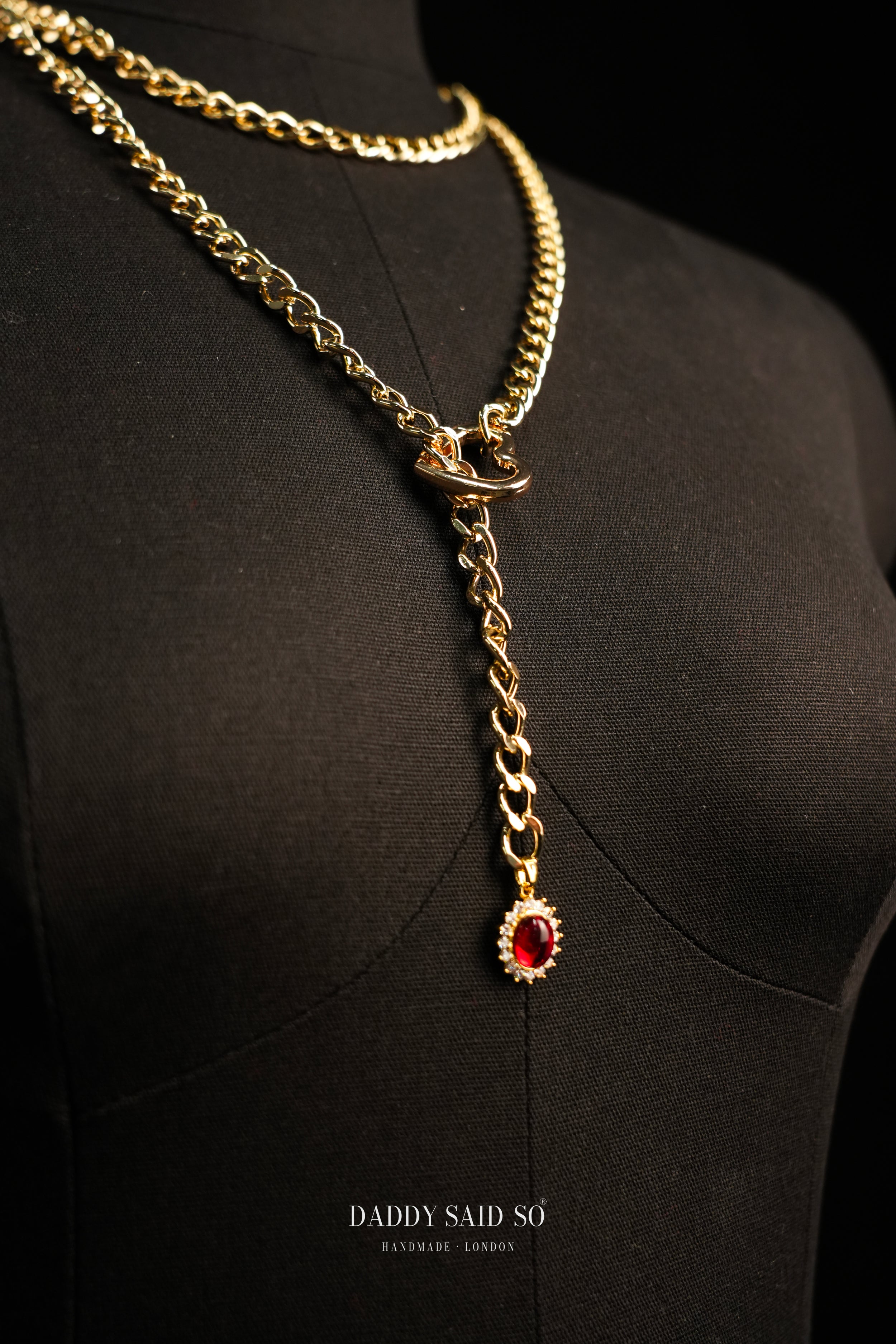 Gold Lariat Chain with Deep Red Halo Pendant