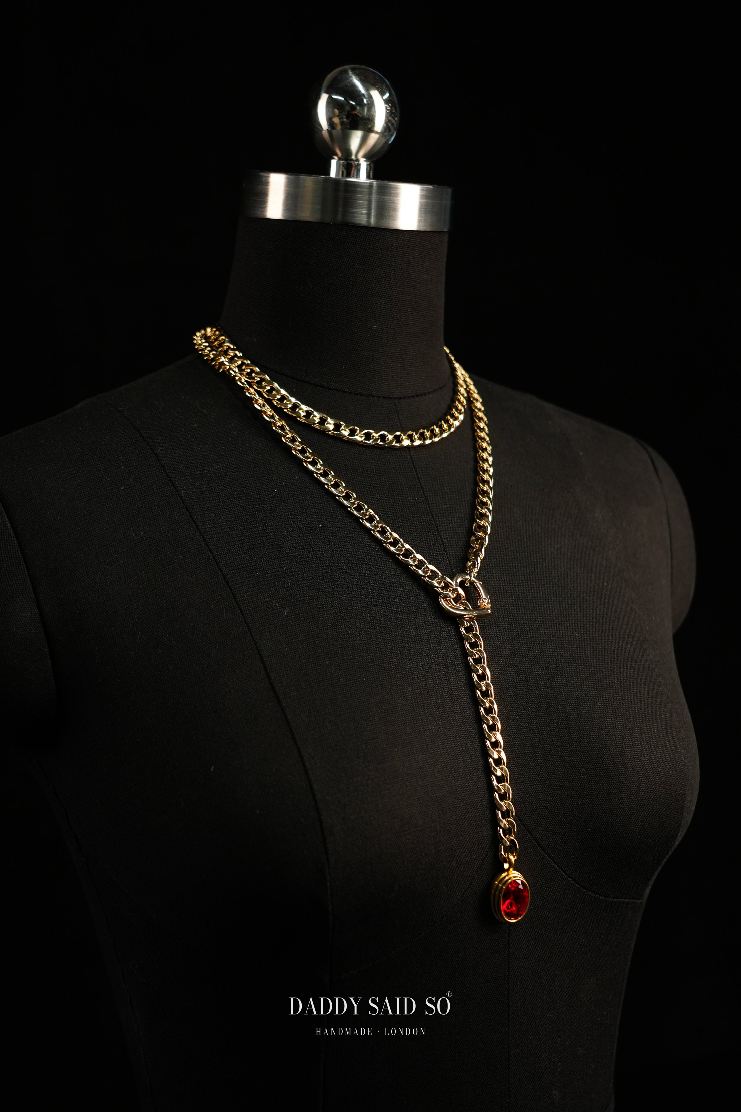 Gold Curb Chain Necklace with Red Oval Pendant
