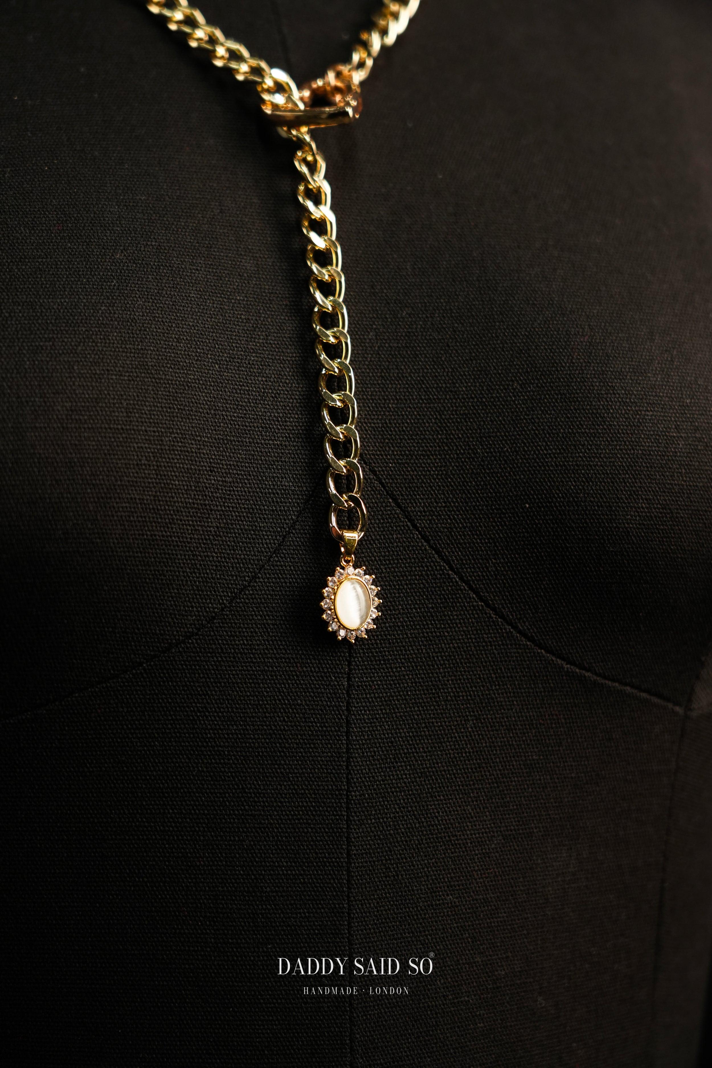Gold Lariat Chain with White Halo Pendant
