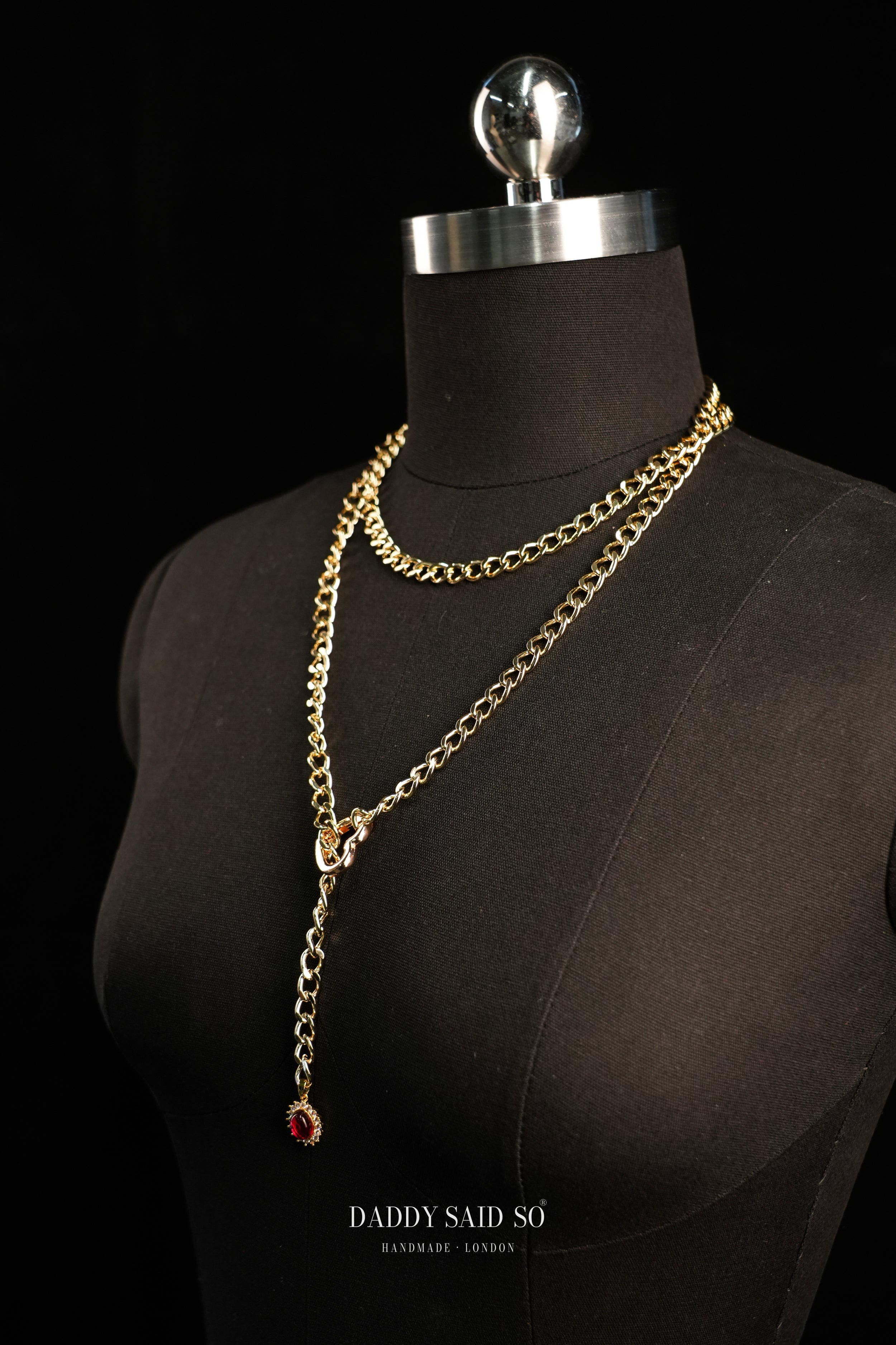 Gold Lariat Chain with Deep Red Halo Pendant