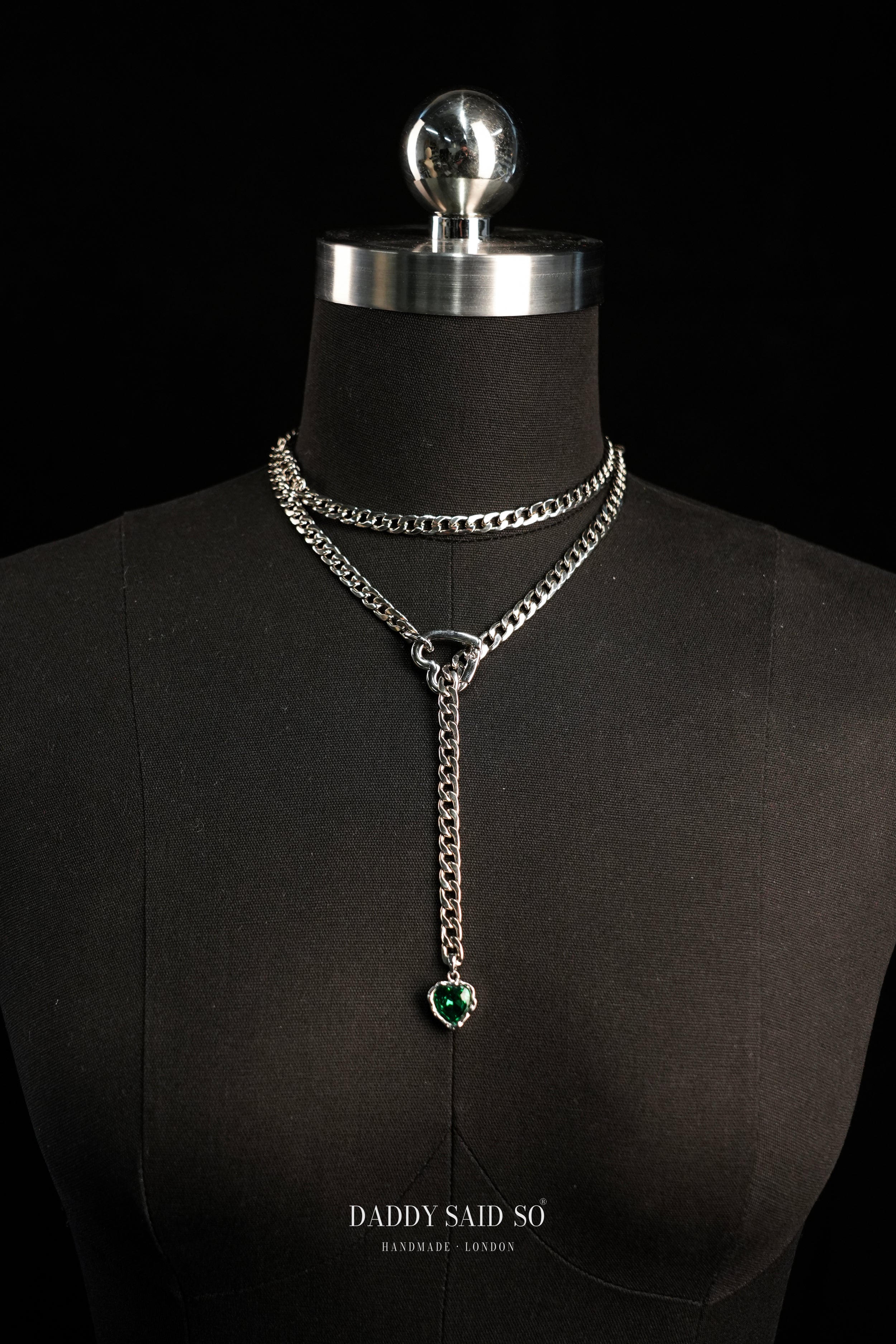 Silver Curb Chain Necklace with Green Heart Pendant
