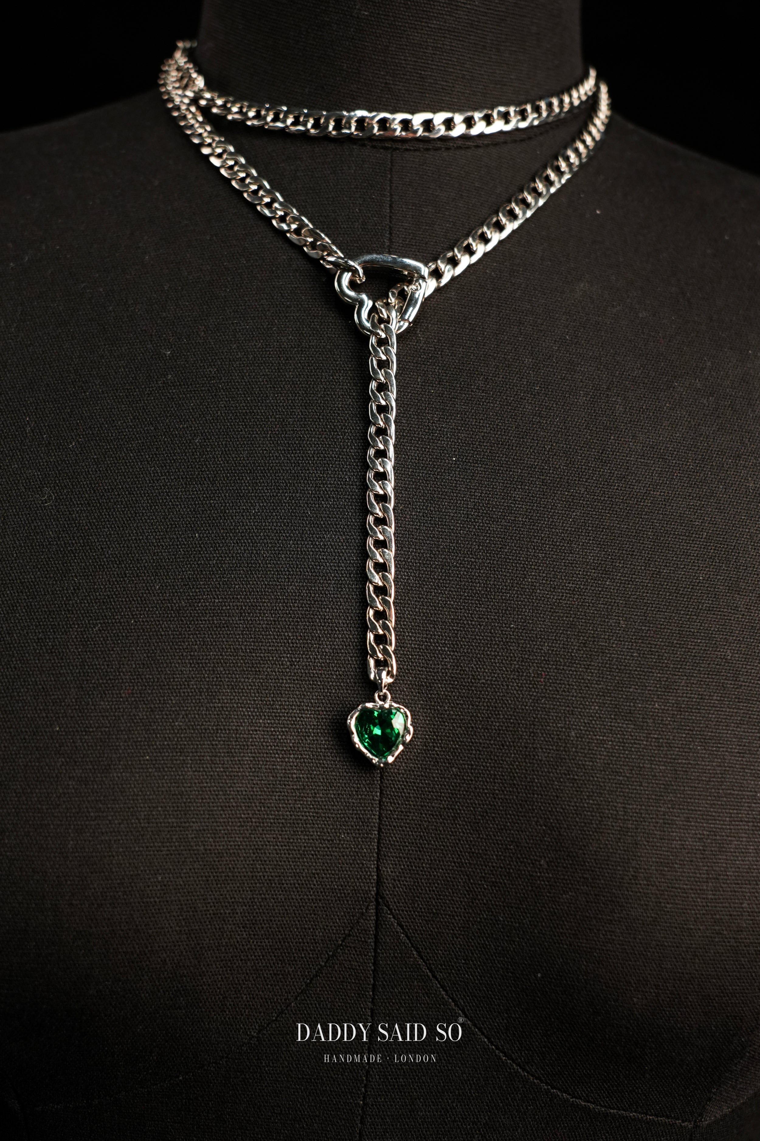 Silver Curb Chain Necklace with Green Heart Pendant