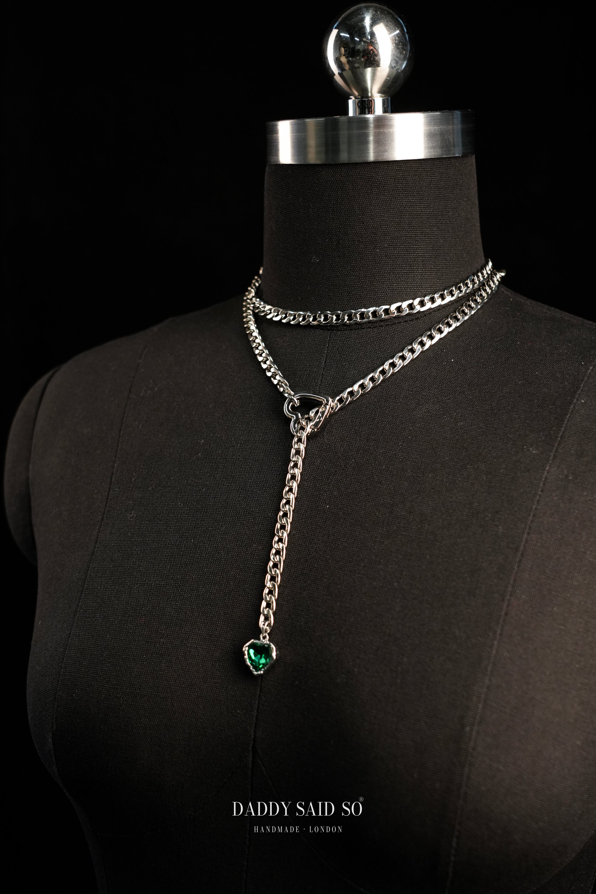 Silver Curb Chain Necklace with Green Heart Pendant