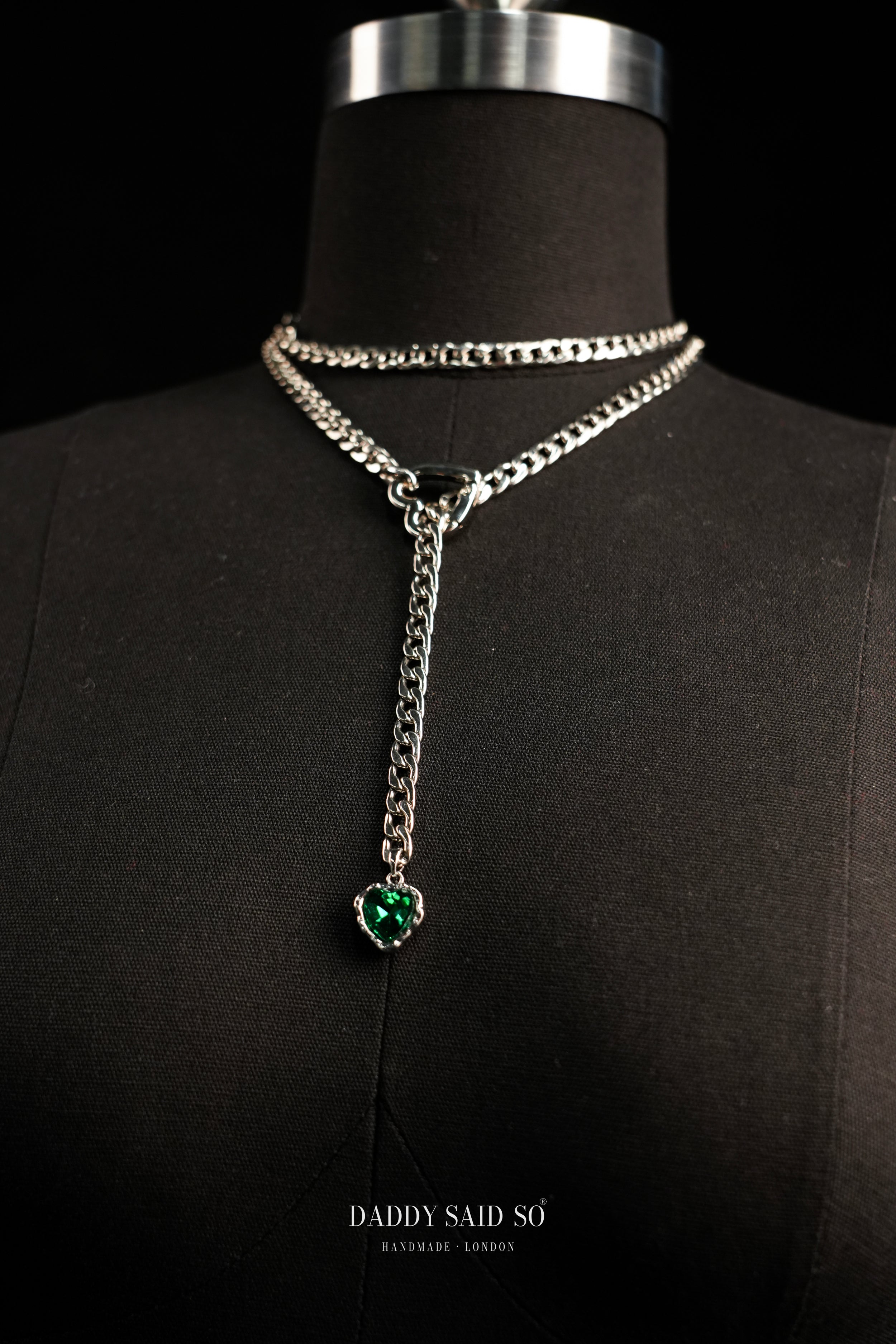 Silver Curb Chain Necklace with Green Heart Pendant
