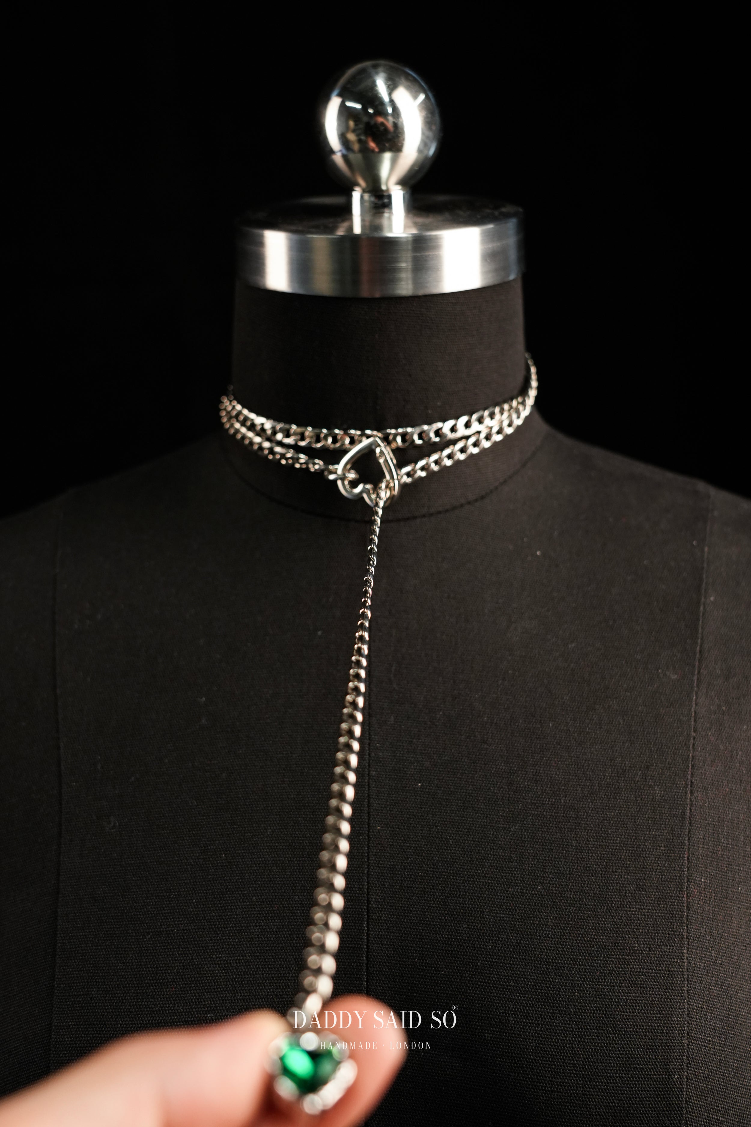 Silver Curb Chain Necklace with Green Heart Pendant